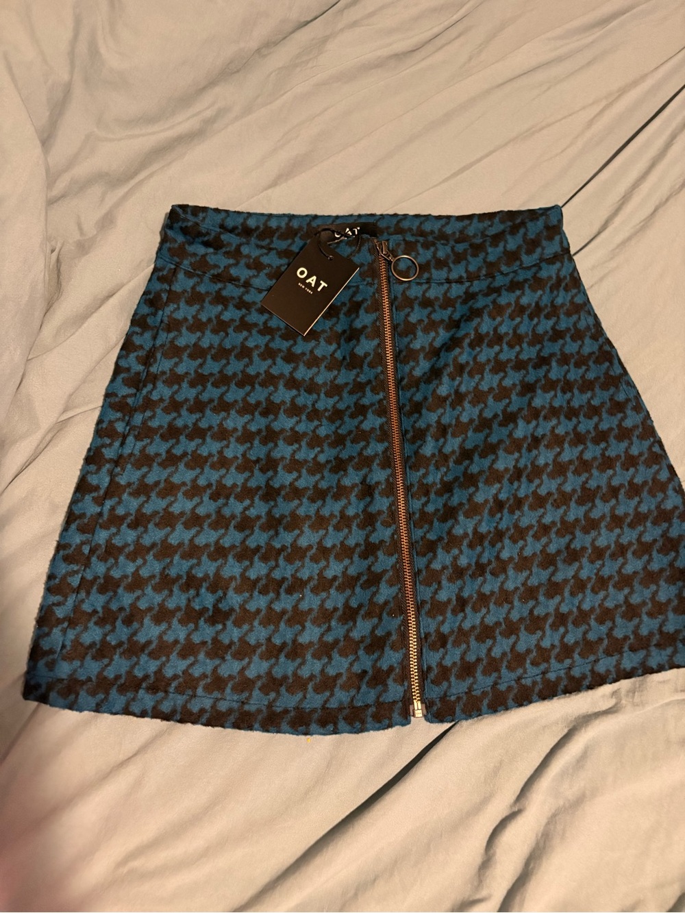 Oat New York Blue and Black Houndstooth Zip Mini Skirt